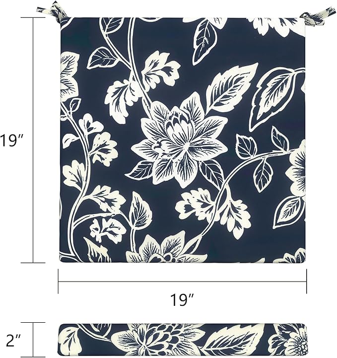 LVTXIII Outdoor Seat Cushions Seasonal Replacement Chair Cushions, Patio Chair Pads with Ties for Dining Chairs and Garden Furniture, Square Back, 19"x19"x2", 2 Pack, Elegant Vines Navy