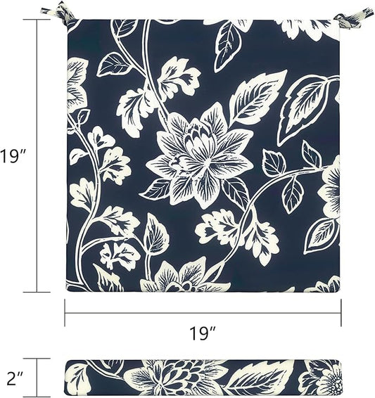 LVTXIII Outdoor Seat Cushions Seasonal Replacement Chair Cushions, Patio Chair Pads with Ties for Dining Chairs and Garden Furniture, Square Back, 19"x19"x2", 4 Pack, Elegant Vines Navy