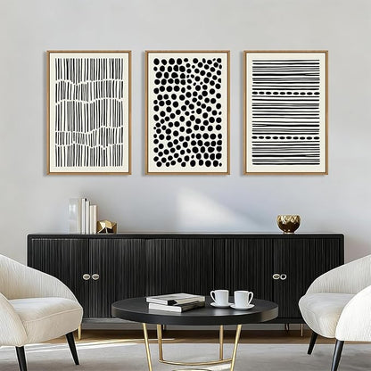 KAIRNE Abstract Black and White Framed Canvas Wall Art Set, Modern Geometric Wall Decor, Minimalist Line Art Prints, Neutral Boho Dots Artwork for Living Room, Bedroom, Farmhouse, Office -24"x36"x3