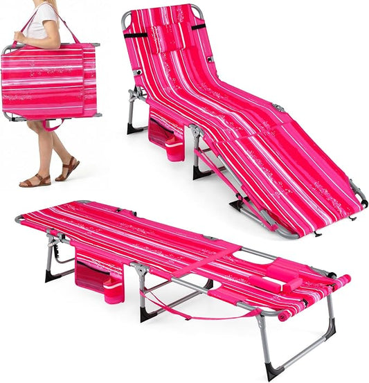 GYMAX Tanning Chair, 3 in 1 Sun Bathing Lounge Chairs with Face/Arm Holes & Side Pocket, Portable Lightweight Face Down Layout Tanning Chair for Outside, Beach, Backyard, Poolside (1, Pink Stripe)