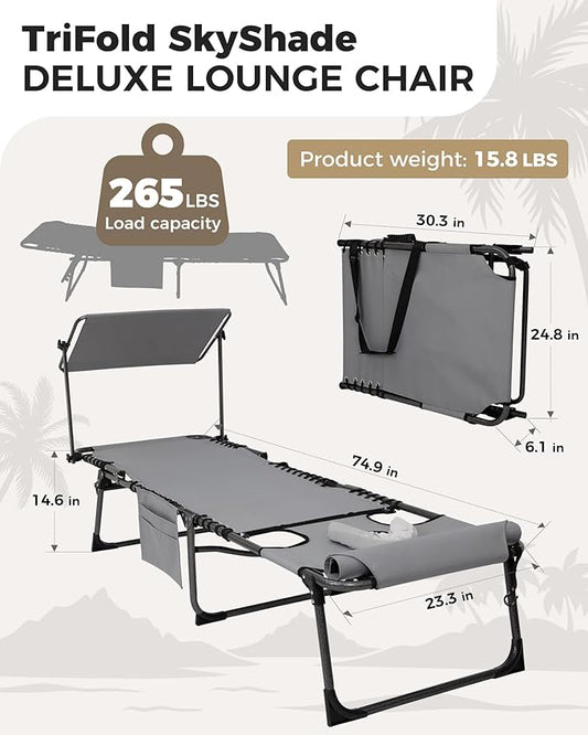 KingCamp 2 Pack Tanning Chair with Face Hole, Lounge Chairs Outdoor Folding Portable Comfy Adjustable 5-Position Foldable Chaise Chaser with Canopy Shade for Outside Beach Patio, Grey