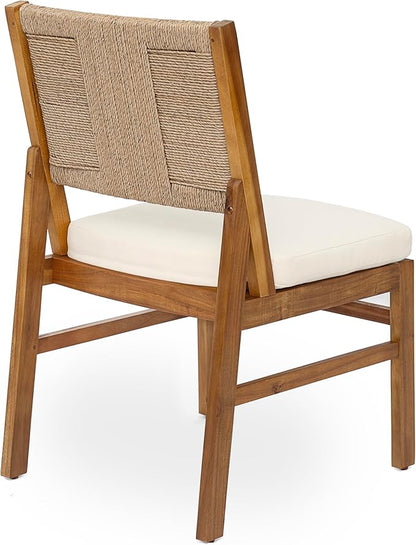 Christopher Knight Home Alan Outdoor Dining Chairs Set of 2, Wicker Woven Back Dining Chairs, Cushion Armless Chair, H Shaped Design Back, Acacia Wood Chair for Patio Poolside Garden, Teak+Cream