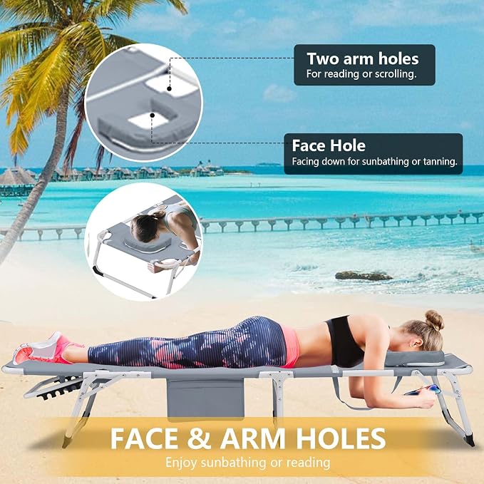 HRVEOCEI 3-in-1 Sun Tanning Chair with Face Hole,Adjustable 5-Position Folding Laying Out Chairs for Tanning,Outdoor Face Down Beach Lounger Sun Bathing Lounge Chair for Pool Deck Patio (Grey)