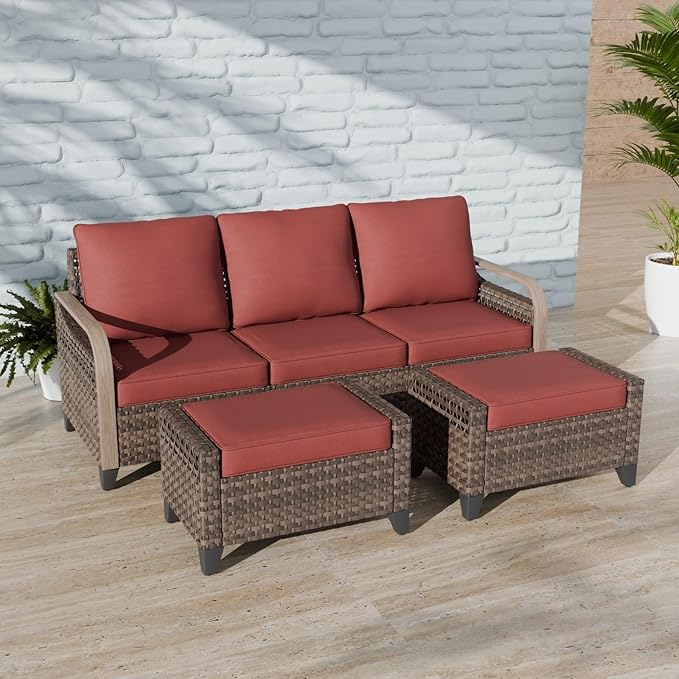 COOS BAY Modern Wicker Outdoor Furniture Set, Patio Conversation Set with 3 Seat Couch, and Ottomans, 3 Piece, Brown/Red