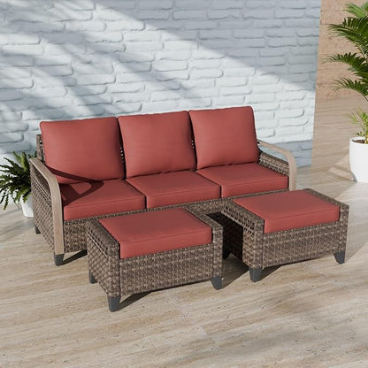 COOS BAY Modern Wicker Outdoor Furniture Set, Patio Conversation Set with 3 Seat Couch, and Ottomans, 3 Piece, Brown/Red