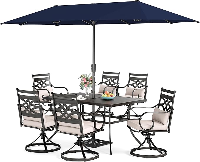 Sophia & William Swivel Patio Dining Set for 6 | 13ft Patio Umbrella Navy Blue | Removable Seat Cushions | Black 59" Patio Dining Table