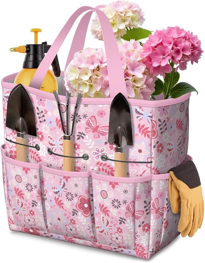 Floral Garden Tool Bag - Waterproof Garden Tote with 8 Pockets, Large Storage Home Organizer Gardening Tool Oxford Bag for Garden Tools Kits Holder, Ideal Outdoor Gardening Gift for Women & Men