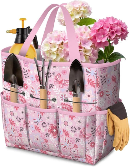 Floral Garden Tool Bag - Waterproof Garden Tote with 8 Pockets, Large Storage Home Organizer Gardening Tool Oxford Bag for Garden Tools Kits Holder, Ideal Outdoor Gardening Gift for Women & Men