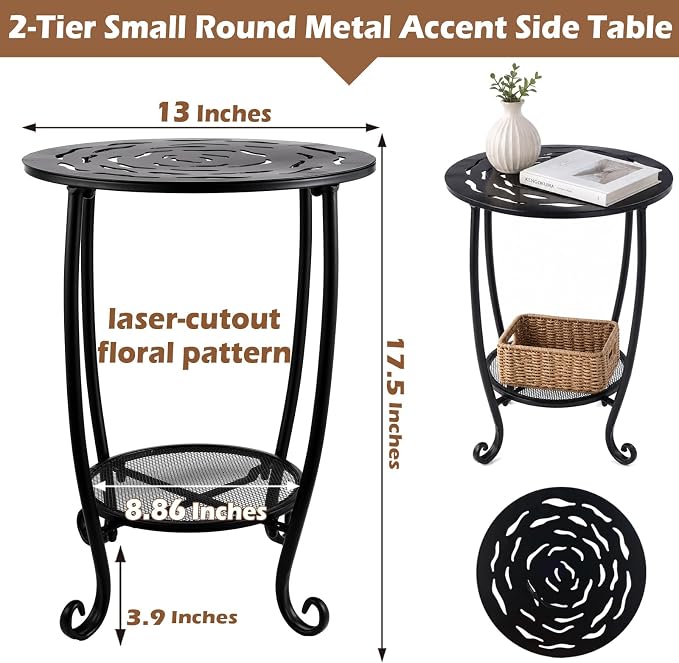 2-Tier Metal Round Side Table Black Accent Coffee Tables Small Space Corner Plant Stand Shelf for Indoor Outdoor Porch Patio Balcony Living Room End Table with Storage, Rust-Proof