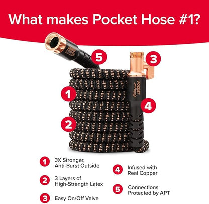 Pocket Hose 75 FT Copper Bullet Expandable Garden Hose w/10 Pattern Thumb Spray Nozzle AS SEEN ON TV 650psi 3/4 in Patented Lead-Free Ultra-Lightweight Solid Copper Anodized Aluminum