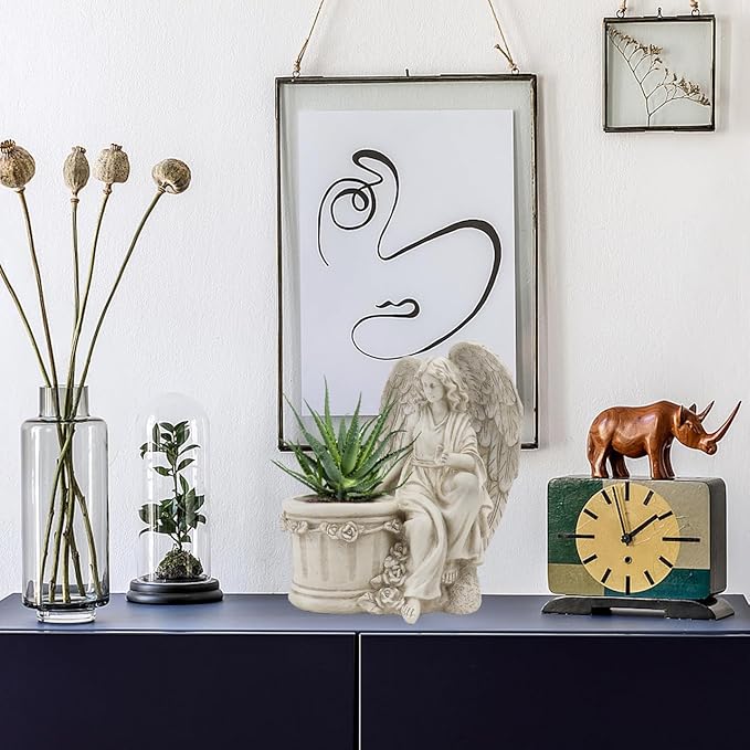 Hemoton 1Pc Artistic Flower Pot Creative Vintage Style Angel Planter Statue for Home Decor Garden Ornament Decorative Outdoor Flowerpot for Lawn and Patio Beige