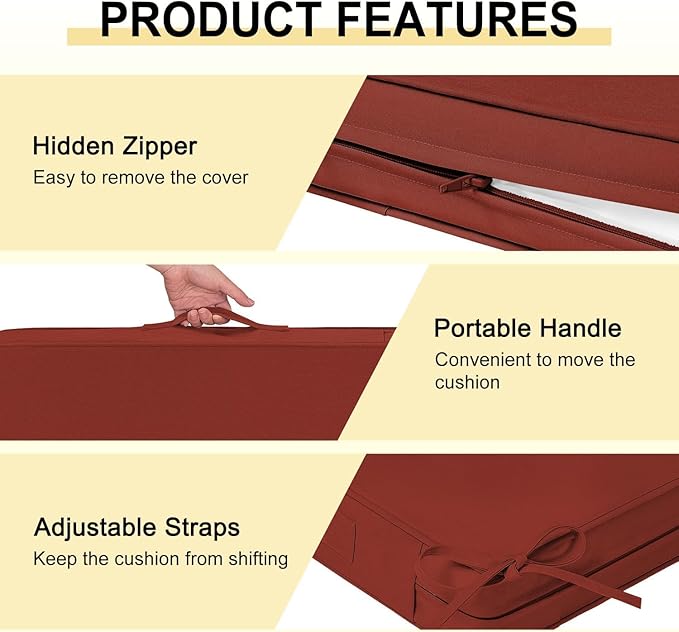 downluxe Waterproof Outdoor Chair Cushions Set of 4, 19" x 19" x 3" Patio Chair Cushion with Non-Slip Ties & Handle, Square Outdoor Cushion for Patio Furniture with Removable Cover, Orange