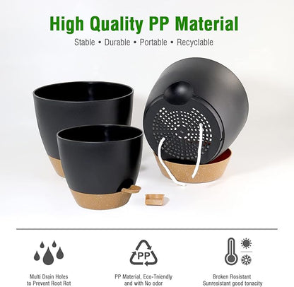 UOUZ Large Self Watering Pots, 12/10/9 Plastic Planters with High Drainage Holes and Deep Reservoir for Indoor Outdoor Garden Plants and Flowers, Black with Brown