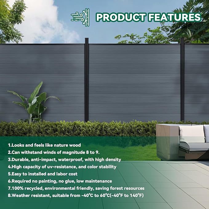 Mondaria Fence Privacy Screen with 8ft In-ground Posts, 6ft(H) x36ft(W) Wood Plastic Composite Fence Panels Weather-Resistant Outdoor Fence for Backyard/Garden (Gray, 7 Posts)