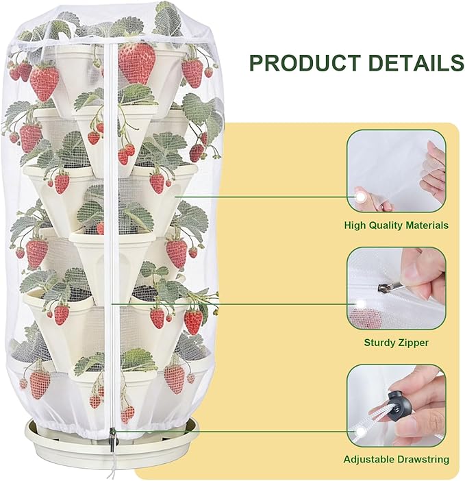 3Pack 41" x 20" Vertical Strawberry Pot Netting, Plant Pot Insect Netting with Zipper & Drawstring, Stackable Bird Barrier Planter Pot Garden Net Round Cover for Strawberry Fruit Vegetable from Animal