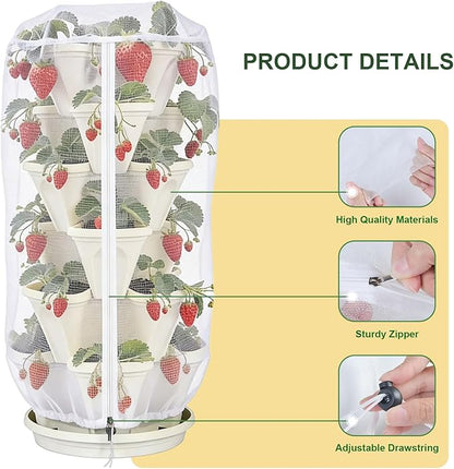 3Pack 41" x 20" Vertical Strawberry Pot Netting, Plant Pot Insect Netting with Zipper & Drawstring, Stackable Bird Barrier Planter Pot Garden Net Round Cover for Strawberry Fruit Vegetable from Animal