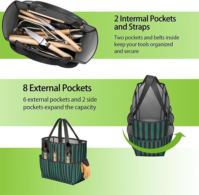 Classic Garden Tool Bag - Waterproof Green Checkered Garden Tote with 8 Pockets, Large Storage Home Organizer Gardening Tool Oxford Bag for Garden Tools Kits Holder, Gardening Gift for Women & Men
