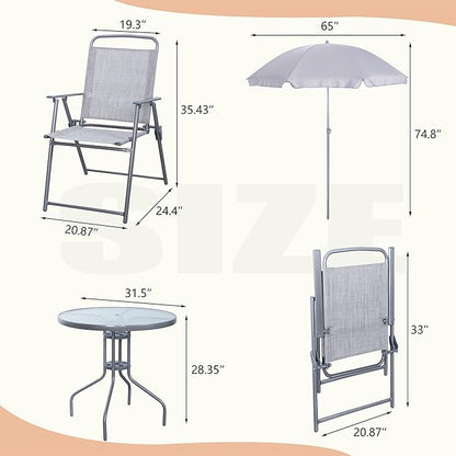 Vongrasig 6 Pieces Folding Patio Dining Set, All Weather Small Metal Outdoor Table and Chair Set, Garden Patio Furniture Set w/Umbrella, Glass Table & 4 Folding Chairs for Lawn, Backyard, Silver