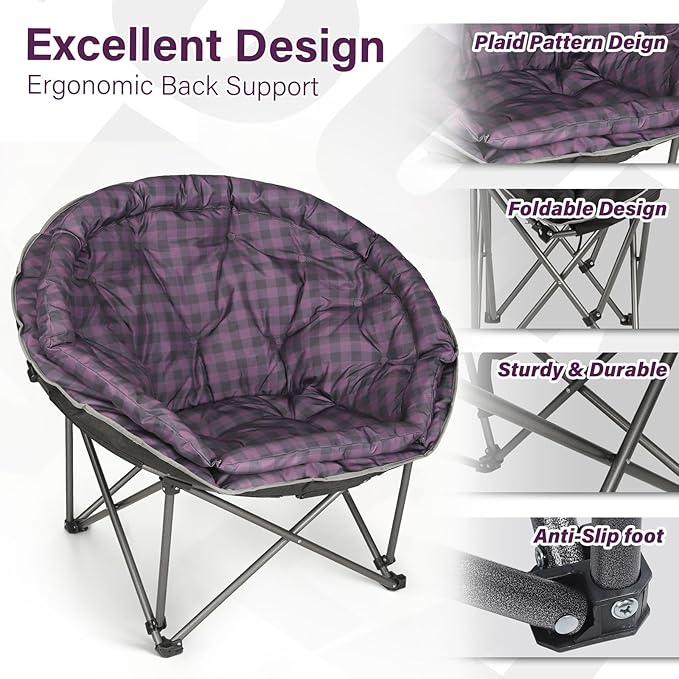 Oversized XXL Folding Round Camping Chairs,Comfy Padded Moon Camp Chairs,Heavy Duty Supports 400 Lbs Outdoor Lawn Chairs for Adults,Perfect for Indoor,Family Hiking,Picnics and Garden,Purple Plaid