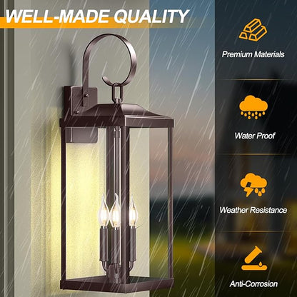 24" Extra Large Outdoor Wall Light for House, Oil Rubbed Bronze 3-Light Waterproof Exterior Porch Lamp Wall Mount, Modern Outside Wall Sconce Coach Light Brown, E12, 1-Pack