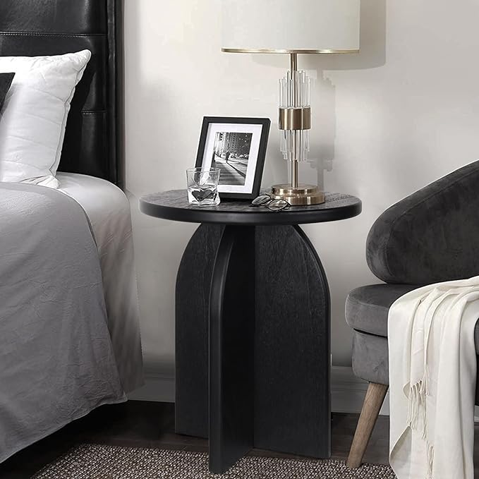 Oakrain End Table with Pedestal, Wood Side Table Bedside Sofa Couch, Modern Nightstand for Bedroom, Small Round Coffee Table for Living Room Office Balcony, Black