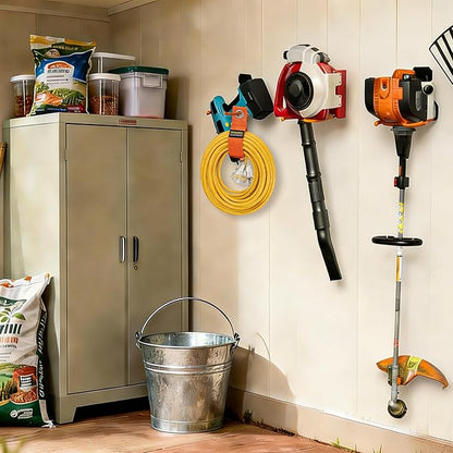 Heavy Duty Garden Power Tool Hanger, Garage Storage Utility Hooks with Storage Straps, Electric Tool Hooks, String Trimmer Hangers, Garden Tool Organizer, Weedeater Rack (2, Orange)