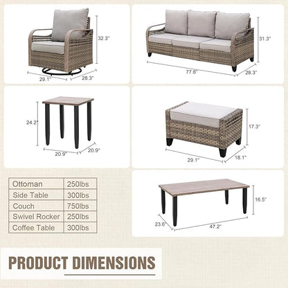 Modern Wicker Patio Furniture Set, Rattan Outdoor Conversation Set, 4 Swivel Rocking Chairs, 3 Seat Couch, 2 Ottomans, Coffee Table and Side Table, 9 Pieces, Brown/Gray
