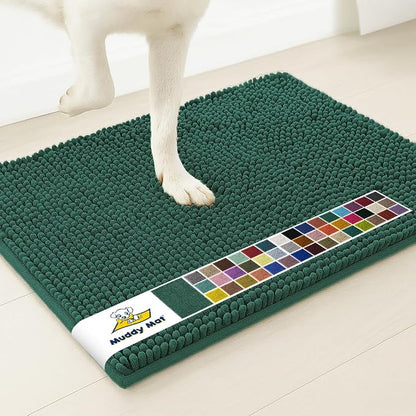Muddy Mat® | Super Water Absorbent Door Mat Indoor, Microfiber Quick Dry Chenille Entryway Rug, Slip Resistant Front Door Mat, Indoor Mats for Entryway, Machine Washable Pet Rug, Dark Green 32" x 40"