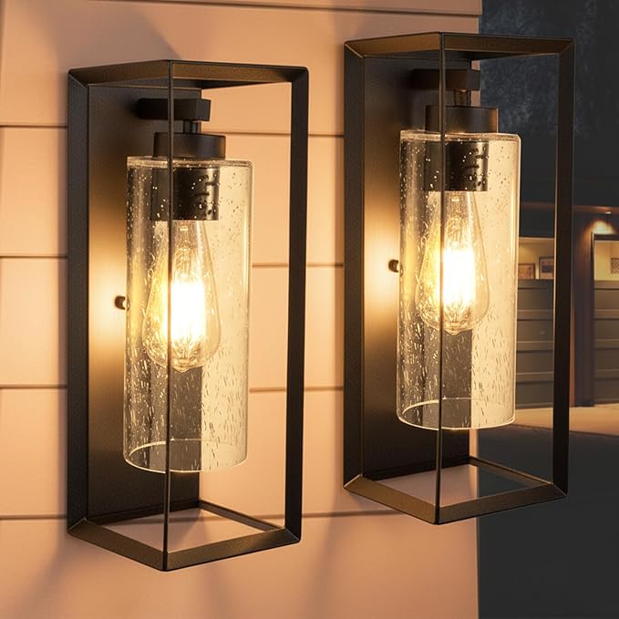 Craly 14" Outdoor Wall Sconce, Exterior Waterproof Wall Light Lantern with Hand-Crafted Clear Seeded Glass Shade, Matte Black, Outside Porch Lights Fixtures for Patio Front Door Entryway 2 Pack