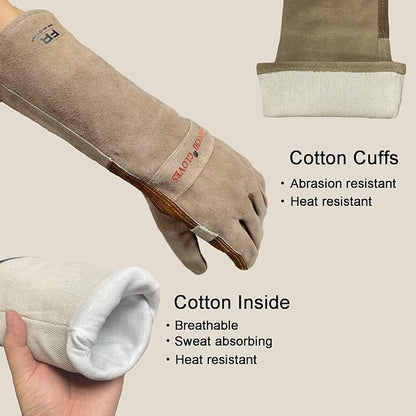 Leather Welding Gloves for Men and Women, BBQ Gloves Fireproof and Heat Resistant Mitts for Cooking, Firefighting, Fireplace, Oven, Baking, Stove, Pot Holder, Yark Work Thorn Proof