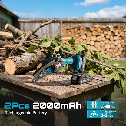 SEESII Mini Chainsaw 6 inch,Cordless Chainsaw w/ 2x2000mAh Batteries,Oiler System & Replacement Chain,Handheld Electric Chain Saw w/Safety Lock,Battery Powered Chainsaw for Wood Tree Cutting, M6 Plus