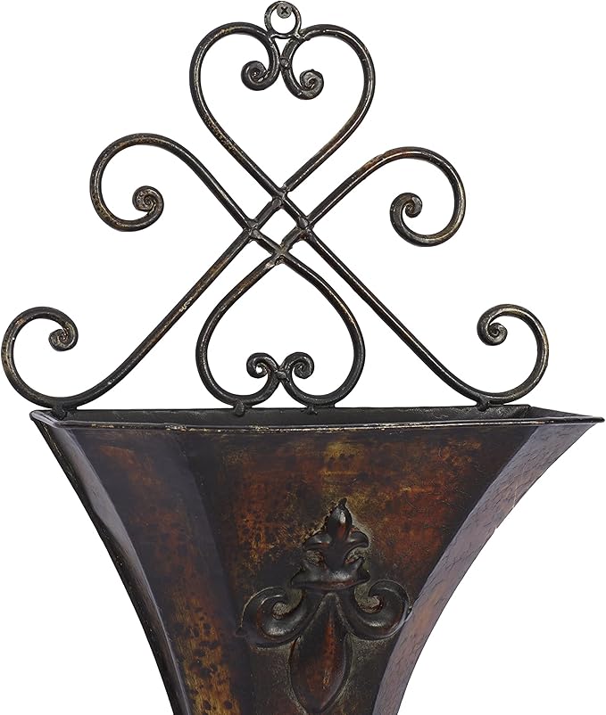 Deco 79 Metal Scroll Indoor Outdoor Wall Planter Indoor Outdoor Weathered Hanging Hanging Planter with Fleur-De-Lis Accent, Set of 2 Plant Hanger 22", 18"H, Brown