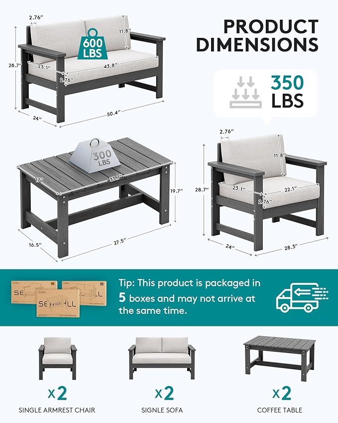 SERWALL 6 Pieces HDPE Outdoor Sofa Set with Cushions, Outdoor Conversation Couch Loveseat Furniture Set with Coffee Table for Balcony, Deck, Poolside, Grey Frame with Khaki Cushions