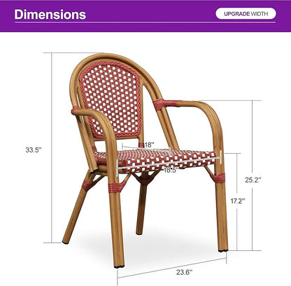 PURPLE LEAF French Bistro Chairs Set of 2 Patio Dining Chairs Hand-Woven Aluminum Wicker Rattan Armchairs for Kitchen Porch Garden Bamboo Print Finish Red White