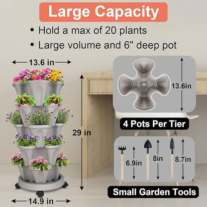 GameXcel Vertical Planter Tower- 5 Tier Stackable Garden Planter with Wheels and Tool Set – Grow Strawberries Herbs Flowers and Vegetables - Indoor Outdoor Use Gray
