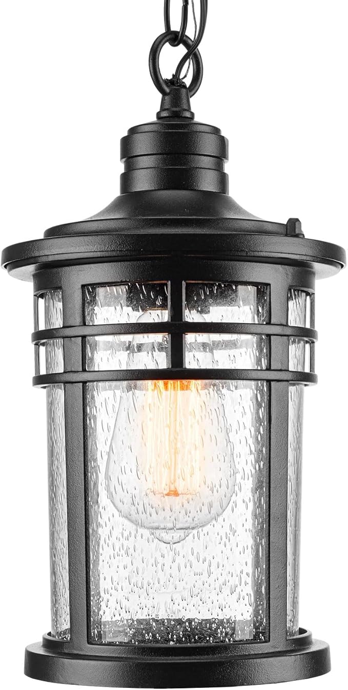 Darkaway Outdoor Pendant Lights for Porch, Outdoor Chandelier Hanging Porch Lights Ceiling Mount Aluminum with Seeded Glass for Front Porch Gazebo Patio (Medium, Black)