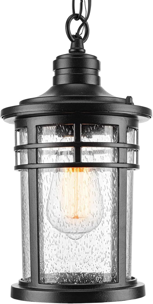 Darkaway Outdoor Pendant Lights for Porch, Outdoor Chandelier Hanging Porch Lights Ceiling Mount Aluminum with Seeded Glass for Front Porch Gazebo Patio (Medium, Black)