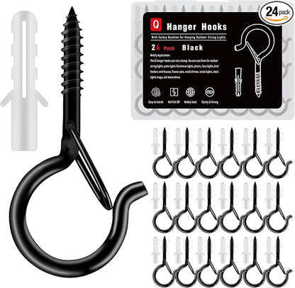 24 Pack Black Screw Hooks with Safety Buckle - 2.3 Inch Rustproof Eye Ceiling Hooks for Hanging Plants,Outdoor String Lights,Baskets,Christmas Lights & Decor,40lb Capacity (24, Black)