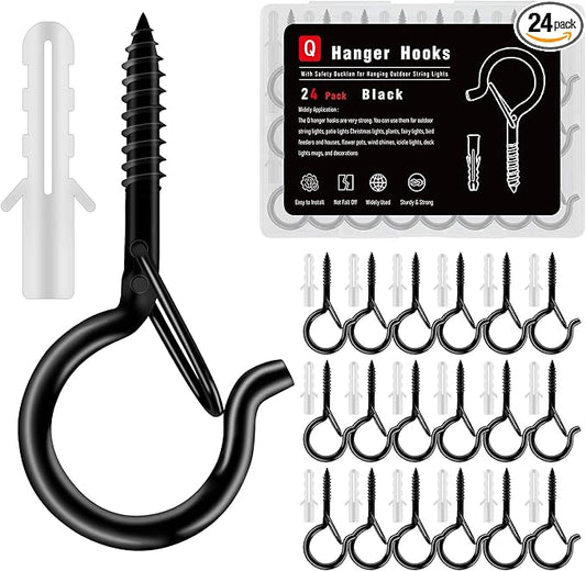 24 Pack Black Screw Hooks with Safety Buckle - 2.3 Inch Rustproof Eye Ceiling Hooks for Hanging Plants,Outdoor String Lights,Baskets,Christmas Lights & Decor,40lb Capacity (24, Black)