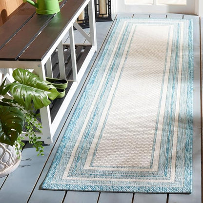 SAFAVIEH Washable Rug Outdoor Courtyard Collection - 2'3" x 10' Runner, Ivory & Aqua Blue, Non-Shedding & Easy Cleaning, Ideal for Patio, Entryway, Mudroom, Hallway, Kitchen (CY8475-53612)