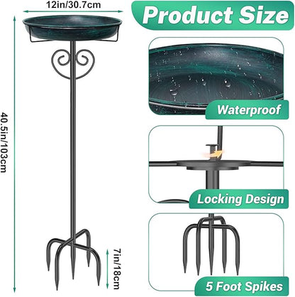 Metal Bird Bath for Outdoor, Garden Freestanding Birdbaths & Birdfeeders with Removable Bird Baths Feeder Bowl with 5 Prong Base Stake for Outside Garden Patio Yard Lawn Decor (Vintage Green)