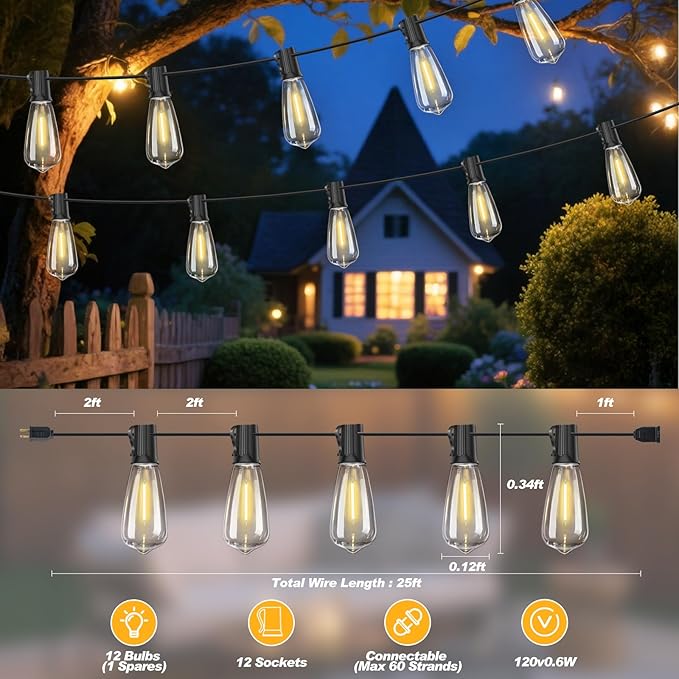 25 FT Outdoor String Lights with 13 Shatterproof Waterproof LED Edison Bulbs Connectable Hanging Patio Lights for Balcony Porch Bistro Garden Decor