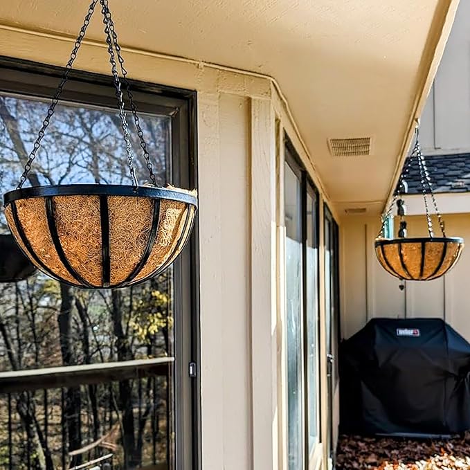 12 Inch Black Flat Iron Metal Hanging Planter Basket with Coco Coir Liner(4 Pack) Hanging Planters for Outdoor Plants Hanging Baskets for Plants Flower Pots for Deck Patio Porch Garden Balcony