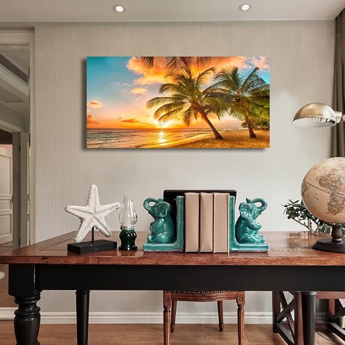 Beach Themed Wall Art Canvas Prints Seascape Picture Bathroom Décor Ocean Tree Sunset Paintings for Living Room Bedroom Office Home Kitchen Decorations 28x57 Wooden Framed Natural Landscape Artwork