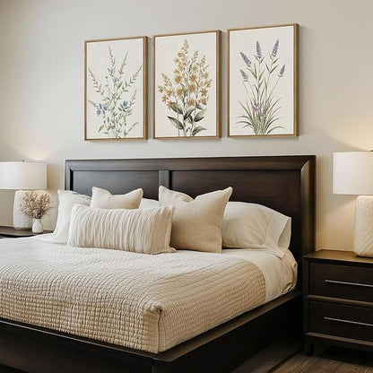 Anyzal Large Framed Botanical Wall Art 16x24 Inch Modern Floral Canvas Art Prints Neutral Beige Wildflower Wall Decor for Living Room Bedroom Dining Room Office Set of 3