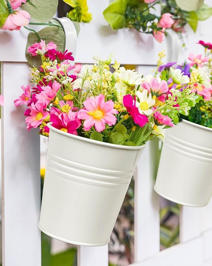 12 Pack Railing Planter for Outdoor Plants - 4 Inch Small Balcony Hanging Flower Pots with Detachable Hooks and Drain Holes Metal Oval Bucket Rail Box Fence Planters for Home Garden Decor, Cream White