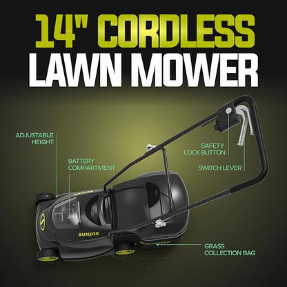 Sun Joe MJ24C-14-XR 24V IONMAX Walk-Behind Lawn Mower with 600W Motor, 14-Inch Mowing Width, Includes Collection Bag, Battery, and Charger