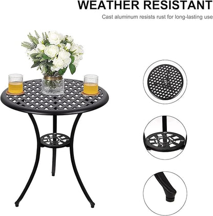 Polar Aurora 3 Piece Patio Bistro Set Cast Aluminum Bistro Table Set Outdoor Round Dining Table with Umbrella Hole for Porch, Lawn, Garden, Backyard, Pool,Black