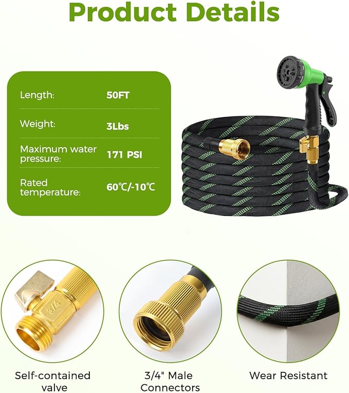 50ft Garden Hose, Non-Expandable Water Hose with 8 Function Spray Nozzle, Lightweight, Knik-Free, Burst-Resistant, Durable & Flexible 3/4" Garden Hose for Lawn, House Cleaning, Car Washing