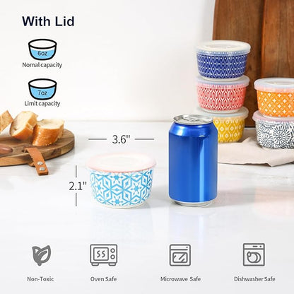 Selamica 6 oz Ramekins with Lids Oven Safe, Creme Brulee Ramekins Souffle Dishes with Covers, Pudding Custard Cups Stackable Ceramic Mini Ramekin Bowls Set for Baking, Dipping, Set of 6, Assorted Colors
